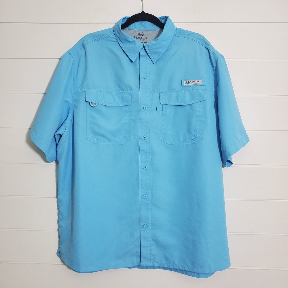 Realtree Pastel Blue Nylon Fishing Shirt Button Down Short Sleeve Men's Size XL